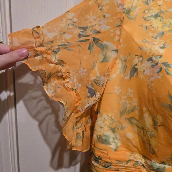 Mac Duggal Flounce Sleeve Floral Maxi Dress in Yellow Multi Size 14 - Picture 14 of 15